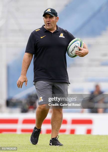 Mario Ledesma, head coach of Jaguares looks on prior a match between Jaguares and Lions as part of the sixth round of Super Rugby at Jose Amalfitani...