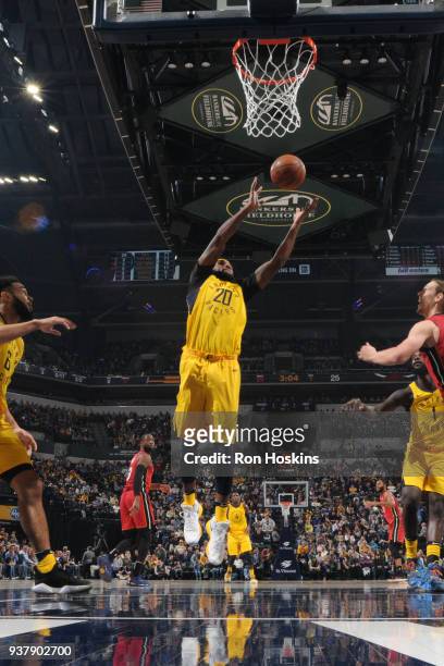 DeQuan Jones of the Indiana Pacers grabs the rebound against the Miami Heat on March 25, 2018 at Bankers Life Fieldhouse in Indianapolis, Indiana....