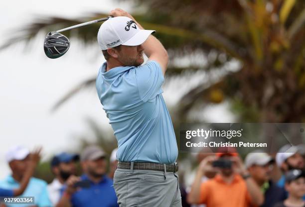 Brice Garnett plays his shot from the 18th tee during the final round of the Corales Puntacana Resort & Club Championship on March 25, 2018 in Punta...