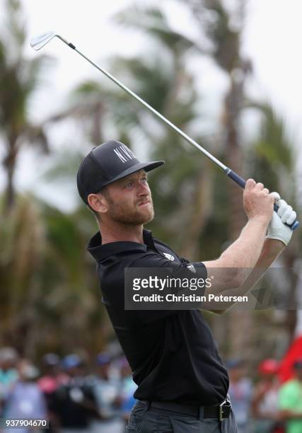 Tyler McCumber plays his shot from the 17th tee during the final round of the Corales Puntacana Resort & Club Championship on March 25, 2018 in Punta...