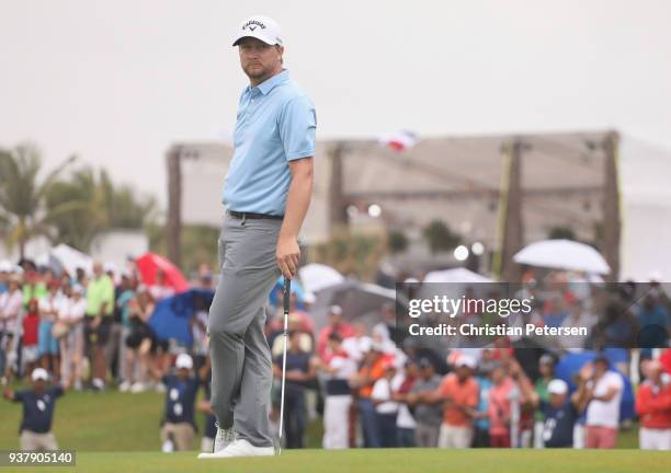 Brice Garnett prepares to putt on the 18th hole during the final round of the Corales Puntacana Resort & Club Championship on March 25, 2018 in Punta...