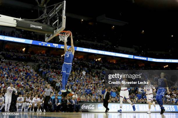 Grayson Allen of the Duke Blue Devils dunks the ball against the Kansas Jayhawks during the first half in the 2018 NCAA Men's Basketball Tournament...