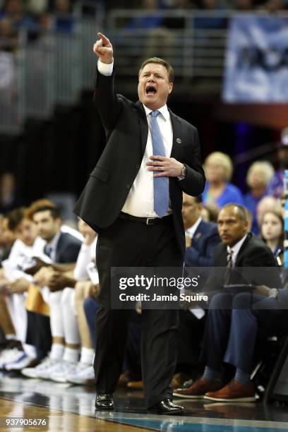 Head coach Bill Self of the Kansas Jayhawks reacts against the Duke Blue Devils during the first half in the 2018 NCAA Men's Basketball Tournament...