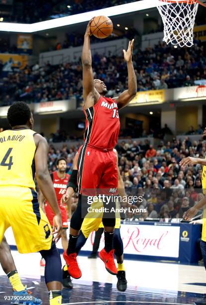 Bam Adebayo of the Miami Heat shoots the ball against the Indiana Pacers during the game at Bankers Life Fieldhouse on March 25, 2018 in...