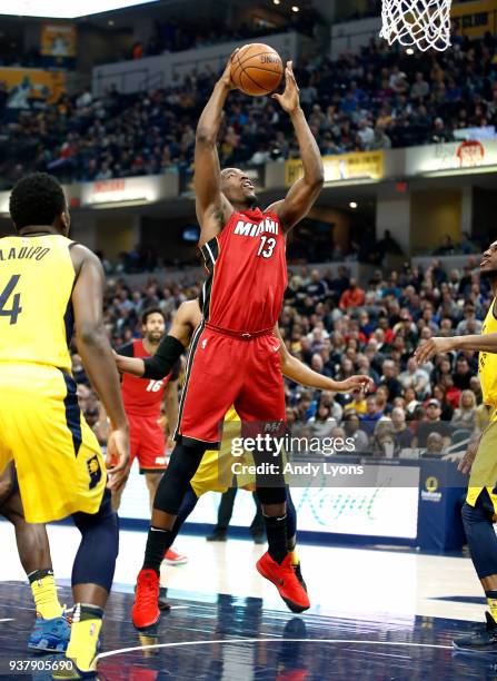 Bam Adebayo of the Miami Heat shoots the ball against the Indiana Pacers during the game at Bankers Life Fieldhouse on March 25, 2018 in...