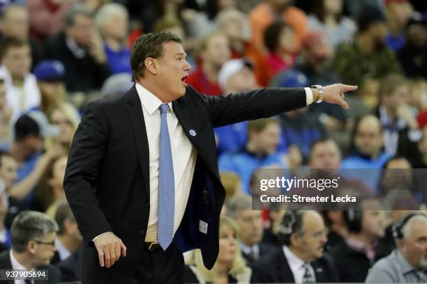 Head coach Bill Self of the Kansas Jayhawks reacts against the Duke Blue Devils during the first half in the 2018 NCAA Men's Basketball Tournament...