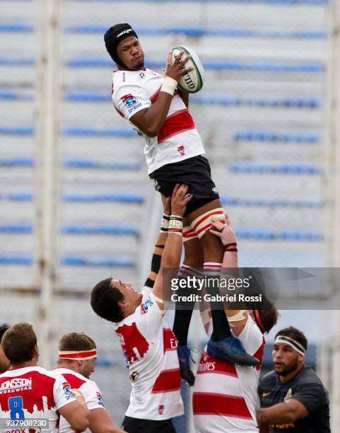 Marvin Orie of Lions wins a lineout ball during a match between Jaguares and Lions as part of the sixth round of Super Rugby at Jose Amalfitani...