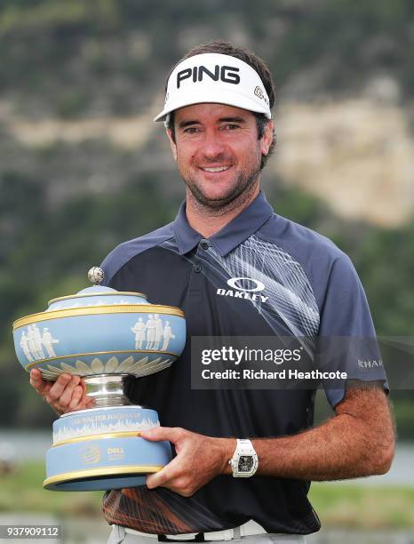 Bubba Watson of the United States celebrates with the Walter Hagen Cup after winning the World Golf Championships-Dell Match Play at Austin Country...