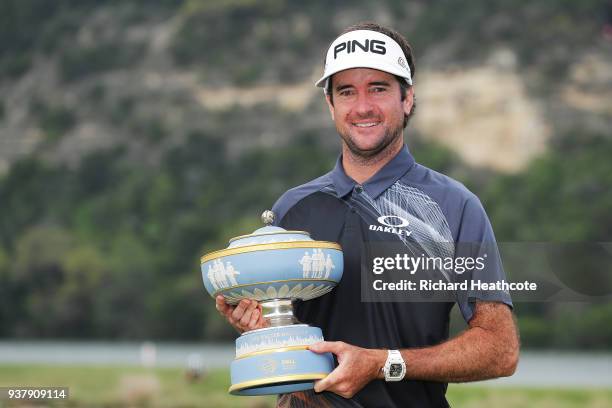 Bubba Watson of the United States celebrates with the Walter Hagen Cup after winning the World Golf Championships-Dell Match Play at Austin Country...