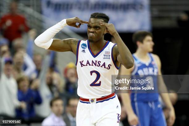 Lagerald Vick of the Kansas Jayhawks celebrates a three point basket against the Duke Blue Devils during the second half in the 2018 NCAA Men's...