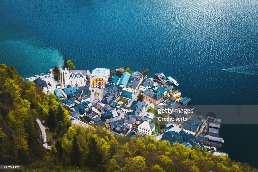 Aerial view of Lakeside Village of Hallstatt in Austria