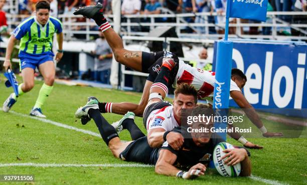 Emiliano Boffelli of Jaguares scores a try during a match between Jaguares and Lions as part of the sixth round of Super Rugby at Jose Amalfitani...