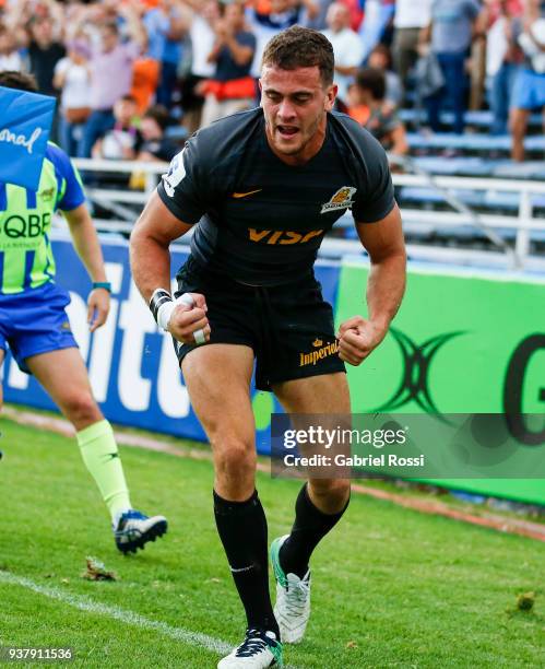 Emiliano Boffelli of Jaguares celebrates after scoring a try during a match between Jaguares and Lions as part of the sixth round of Super Rugby at...