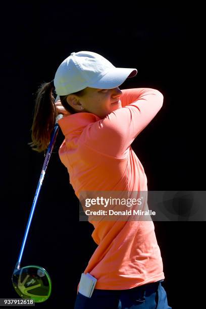 Cindy Lacrosse tees off the 1st hole during the Final Round of the LPGA KIA CLASSIC at the Park Hyatt Aviara golf course on March 25, 2018 in...