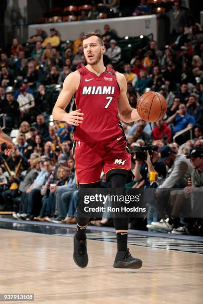 Goran Dragic of the Miami Heat handles the ball against the Indiana Pacers on March 25, 2018 at Bankers Life Fieldhouse in Indianapolis, Indiana....