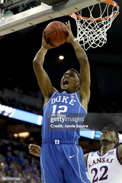 Javin DeLaurier of the Duke Blue Devils shoots the ball against Silvio De Sousa of the Kansas Jayhawks during the second half in the 2018 NCAA Men's...