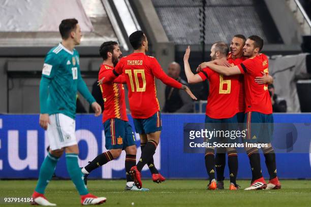 Rodrigo of Spain, celebrates with Andres Iniesta of Spain, Koke of Spain, Thiago Alcantara of Spain during the International Friendly match between...