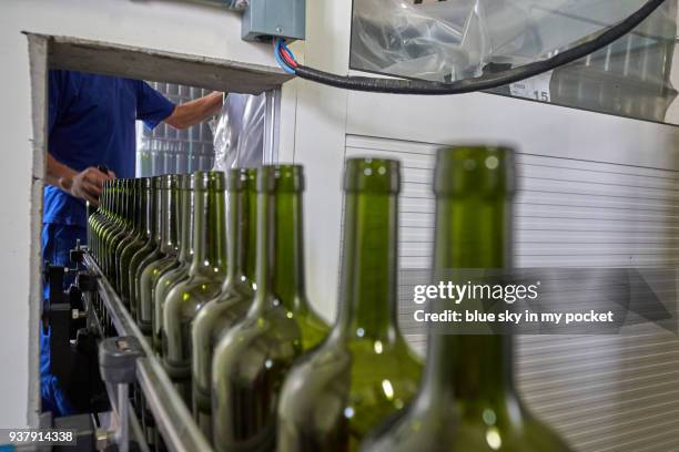 wine bottles on the conveyor belt at cooperativa vinícola são joão, southern brazil. - cooperativa stock-fotos und bilder