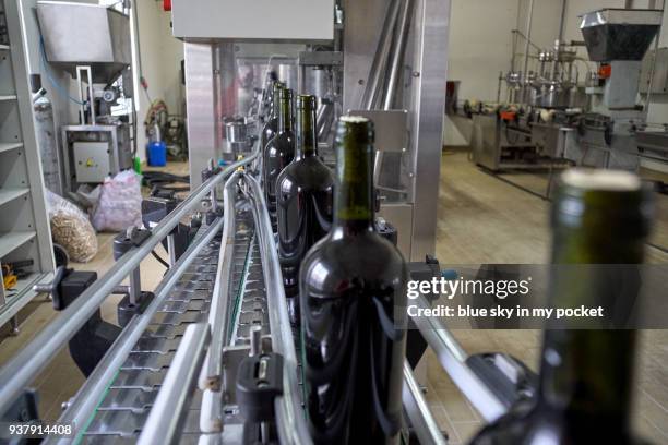 wine bottles on the conveyor belt at cooperativa vinícola são joão, southern brazil. - cooperativa stock pictures, royalty-free photos & images