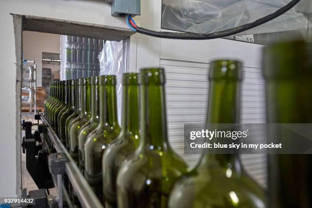 wine bottles on the conveyor belt at cooperativa vinícola são joão, southern brazil. - cooperativa stock pictures, royalty-free photos & images