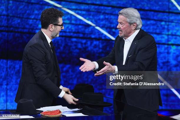 Fabio Fazio and Alain Delon attend 'Che Tempo Che Fa' Tv Show on March 25, 2018 in Milan, Italy.