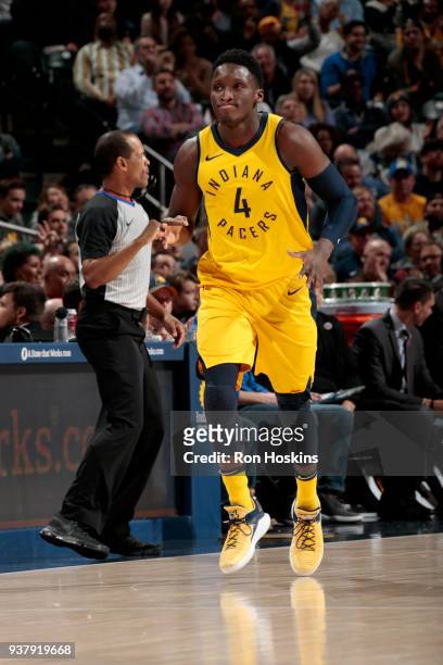 Victor Oladipo of the Indiana Pacers celebrates hitting a three point shot during the game against the Miami Heat on March 25, 2018 at Bankers Life...