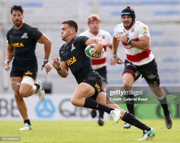 Emiliano Boffelli of Jaguares runs with the ball during a match between Jaguares and Lions as part of the sixth round of Super Rugby at Jose...