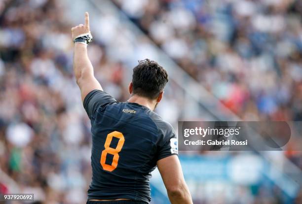 Javier Ortega Desio of Jaguares celebrates after scoring a try during a match between Jaguares and Lions as part of the sixth round of Super Rugby at...