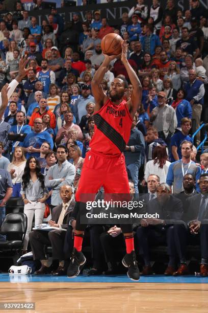 Maurice Harkless of the Portland Trail Blazers shoots the ball against the Oklahoma City Thunder on March 25, 2018 at Chesapeake Energy Arena in...