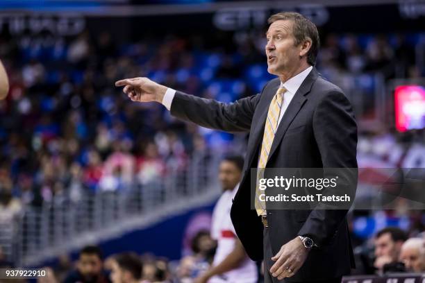 Head coach Jeff Hornacek of the New York Knicks reacts against the Washington Wizards during the first half at Capital One Arena on March 25, 2018 in...