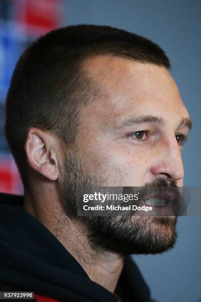 St Kilda captain Jarryn Geary speaks ahead of the Good Friday match on March 26, 2018 in Melbourne, Australia.