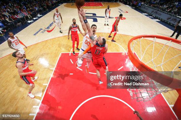 Enes Kanter of the New York Knicks drives to the basket during the game against the Washington Wizards on March 25, 2018 at the Capital One Arena in...