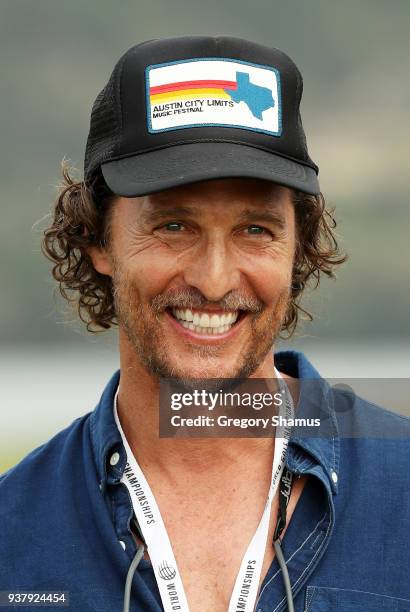 Actor Matthew McConaughey looks on after the final round of the World Golf Championships-Dell Match Play at Austin Country Club on March 25, 2018 in...