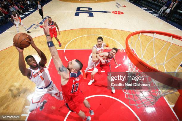 Emmanuel Mudiay of the New York Knicks drives to the basket during the game against the Washington Wizards on March 25, 2018 at the Capital One Arena...