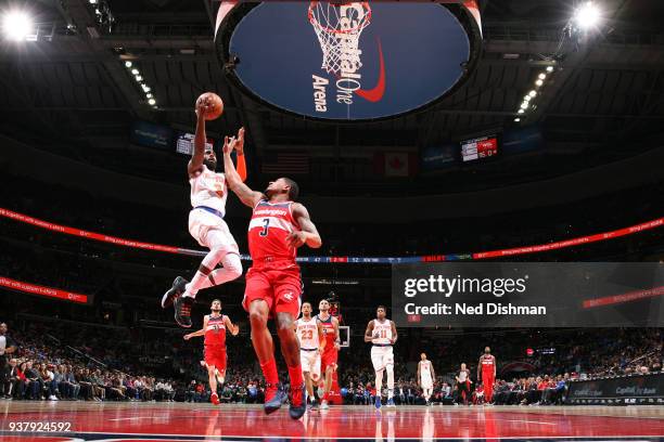 Tim Hardaway Jr. #3 of the New York Knicks drives to the basket during the game against the Washington Wizards on March 25, 2018 at the Capital One...