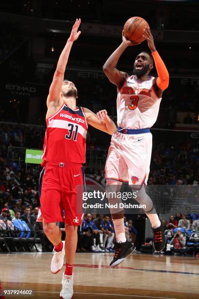 Tim Hardaway Jr. #3 of the New York Knicks shoots the ball during the game against the Washington Wizards on March 25, 2018 at the Capital One Arena...
