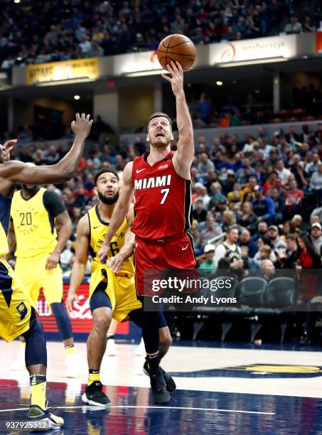 Goran Dragic of the Miami Heat shoots the ball against the Indiana Pacers during the game at Bankers Life Fieldhouse on March 25, 2018 in...