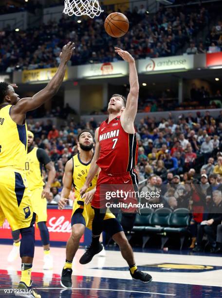 Goran Dragic of the Miami Heat shoots the ball against the Indiana Pacers during the game at Bankers Life Fieldhouse on March 25, 2018 in...
