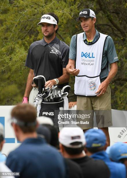 Bubba Watson waits to hit a tee shot on the tenth hole during the championship match at the World Golf Championships-Dell Technologies Match Play at...