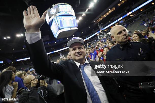 Head coach Bill Self of the Kansas Jayhawks walks off the court after his team defeated the Duke Blue Devils in the 2018 NCAA Men's Basketball...