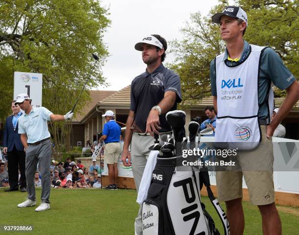 Kevin Kisner and Bubba Watson wait to play the first hole during the championship match at the World Golf Championships-Dell Technologies Match Play...