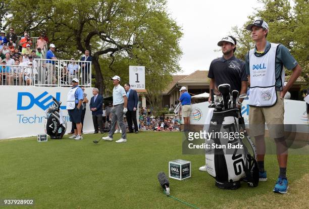 Kevin Kisner and Bubba Watson wait to play the first hole during the championship match at the World Golf Championships-Dell Technologies Match Play...