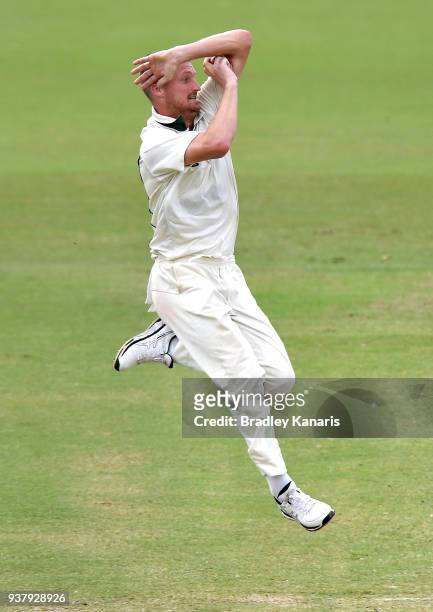 Jackson Bird of Tasmania bowls during day four of the Sheffield Shield Final match between Queensland and Tasmania at Allan Border Field on March 26,...