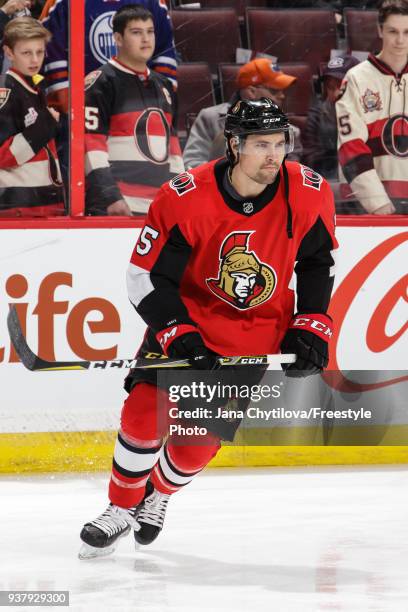 Cody Ceci of the Ottawa Senators skates during warmups prior to a game against the Edmonton Oilers at Canadian Tire Centre on March 22, 2018 in...