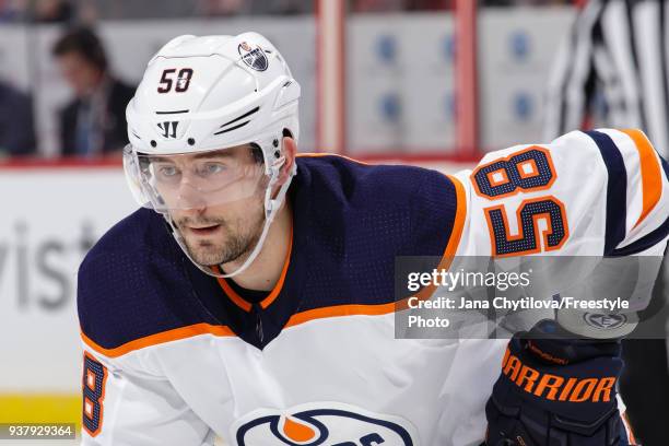 Anton Slepyshev of the Edmonton Oilers prepares for a faceoff against the Ottawa Senators at Canadian Tire Centre on March 22, 2018 in Ottawa,...