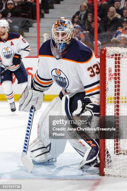 Cam Talbot of the Edmonton Oilers guards his net against the Ottawa Senators at Canadian Tire Centre on March 22, 2018 in Ottawa, Ontario, Canada.