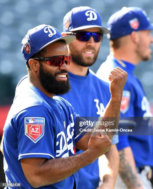 Andrew Toles of the Los Angeles Dodgers before the spring training game against the Los Angeles Angels of Anaheim at Angel Stadium on March 25, 2018...