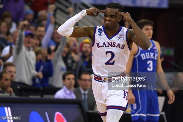 Lagerald Vick of the Kansas Jayhawks reacts during their game against the Duke Blue Devils during the 2018 NCAA Men's Basketball Tournament Midwest...