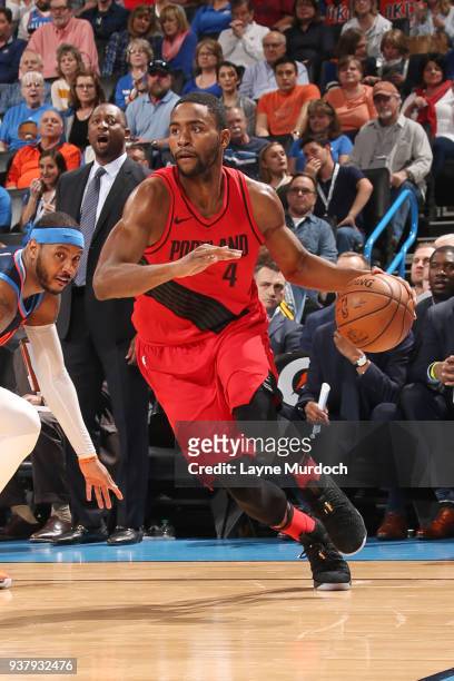 Maurice Harkless of the Portland Trail Blazers handles the ball against the Oklahoma City Thunder on March 25, 2018 at Chesapeake Energy Arena in...