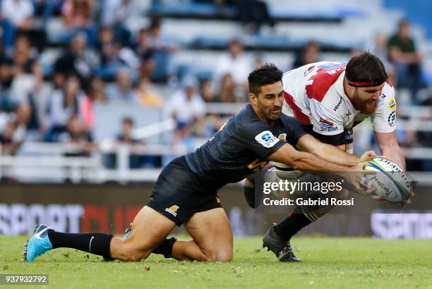 Jeronimo De La Fuente of Jaguares fights for the ball with Lourens Erasmus of Lions during a match between Jaguares and Lions as part of the sixth...